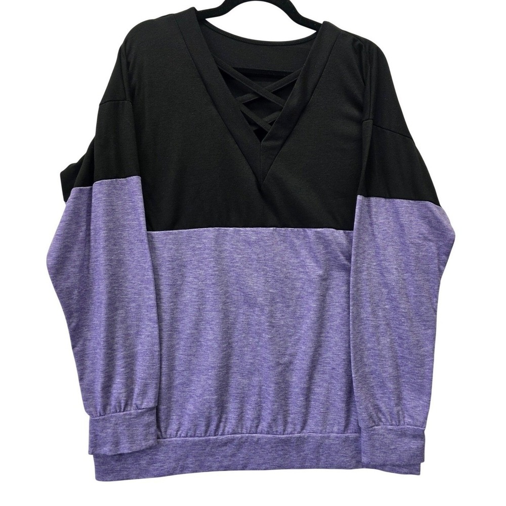 Womens Colorblock Lattice V-Neck Long Sleeve Top Purple Black Size 0XL